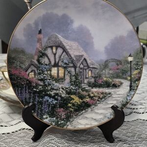 Decorative Cottage Scene Collector Plate - Pastel Floral Illustration